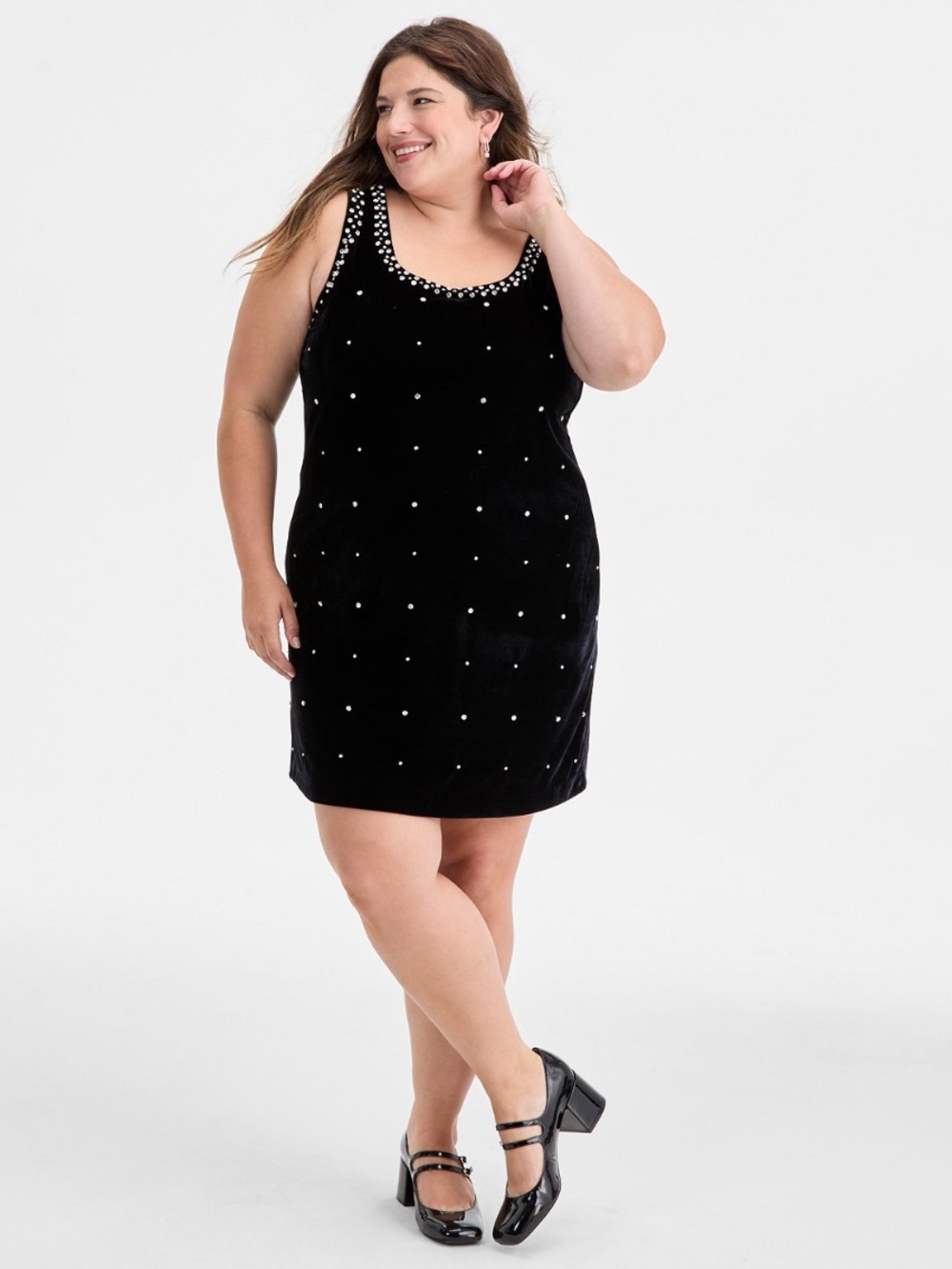 Trendy Black Rhinestone-Embellished Velvet Mini Dress NWT - Picture 2 of 7